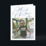 Cartão De Festividades Feliz Natal de Foto de Script Elegante<br><div class="desc">Cartão de Natal de fotografia moderno com um design simples e mínimo com "Feliz Natal" num roteiro elegante azul de marinho juntamente com o nome da sua família acima da sua imagem quadrada favorita. O dentro tem uma colagem de fotos que consiste em três imagens verticais juntamente com sua mensagem...</div>