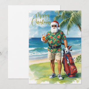 Cartão De Festividades Feliz Natal de Golfe Santa Golfista tema Praia
