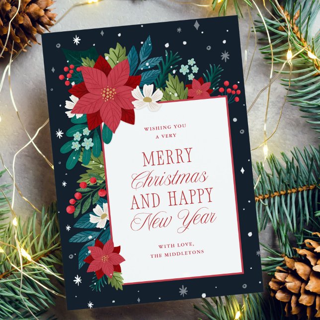 Cartão De Festividades Feliz Natal do Botânico de inverno (illustrated winter botanical flowers and leaves Merry Christmas greeting card)