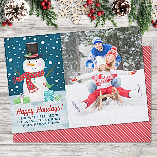 Cartão De Festividades Feliz Natal do Winter Snowman (Add your names and photo to this cute snowman Christmas card.)