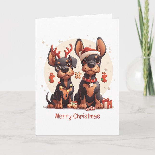 Cartão De Festividades Feliz Natal Dobermann Dogs (Frente)