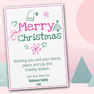 Cartão De Festividades Feliz Natal Doodles Rosa e Verde