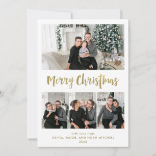 Cartão De Festividades Feliz Natal Dourada Grelha de Fotografias Múlti