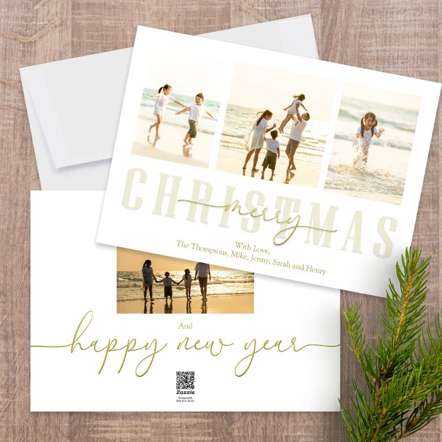 Cartão De Festividades Feliz Natal Dourado Caligrafia Elegante 4 (Merry Christmas gold typography style photo card with a four photo template. )