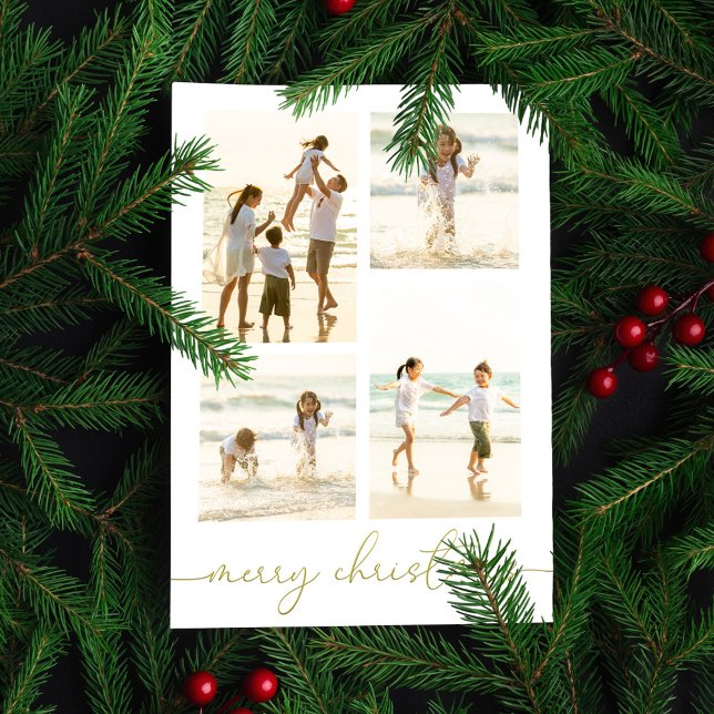 Cartão De Festividades Feliz Natal Dourado Calliografia 5 Foto Elegante (Merry Christmas gold calligraphy script photo card. )