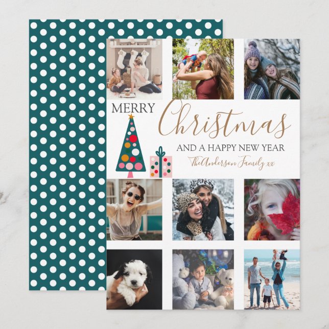 Cartão De Festividades Feliz Natal Dourado - Colagem de Fotos White Ho (Frente/Verso)