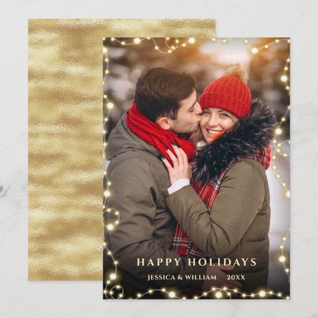 Cartão De Festividades Feliz Natal Dourado Sparkle Lights PHOTO Saudação (Frente/Verso)