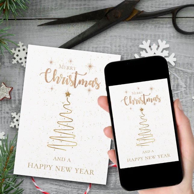 Cartão De Festividades Feliz Natal E Feliz ano novo Dourado Glitter (Merry Christmas And Happy New Year Gold Glitter Holiday Card)