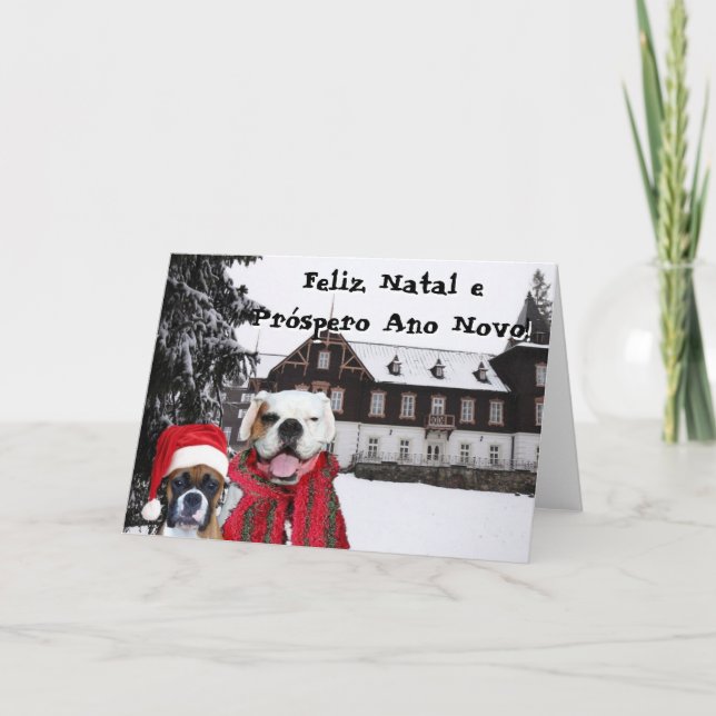 Cartão De Festividades Feliz Natal e  Próspero Ano Novo Boxer Dogs card (Frente)
