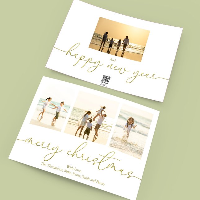 Cartão De Festividades Feliz Natal Elegante Caligrafia Dourada 4 Foto (Merry Christmas elegant gold calligraphy four photo holiday card template. )