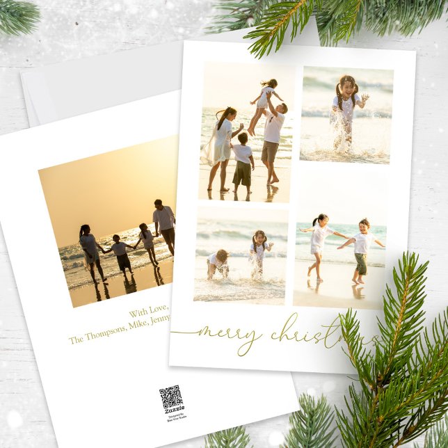 Cartão De Festividades Feliz Natal Elegante Caligrafia Dourada 5 Foto (Merry Christmas gold stylish calligraphy photo card with a five photo template. )