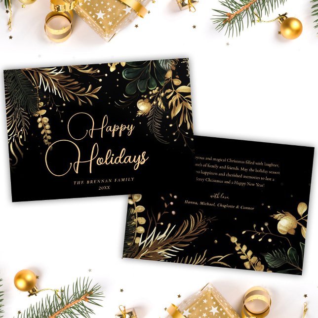 Cartão De Festividades Feliz Natal Elegante Dourado Verde Festivo (Merry Christmas Elegant Gold Festive Greenery Holiday Card)