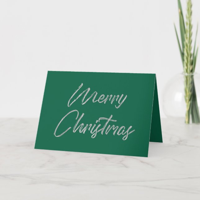 Cartão De Festividades Feliz Natal Elegante Faux Silver Foil e Verde (Frente)