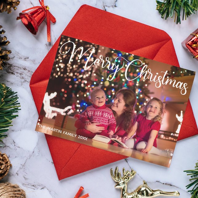 Cartão De Festividades Feliz Natal Elegante - Foto Cursiva Branca (Criador carregado)