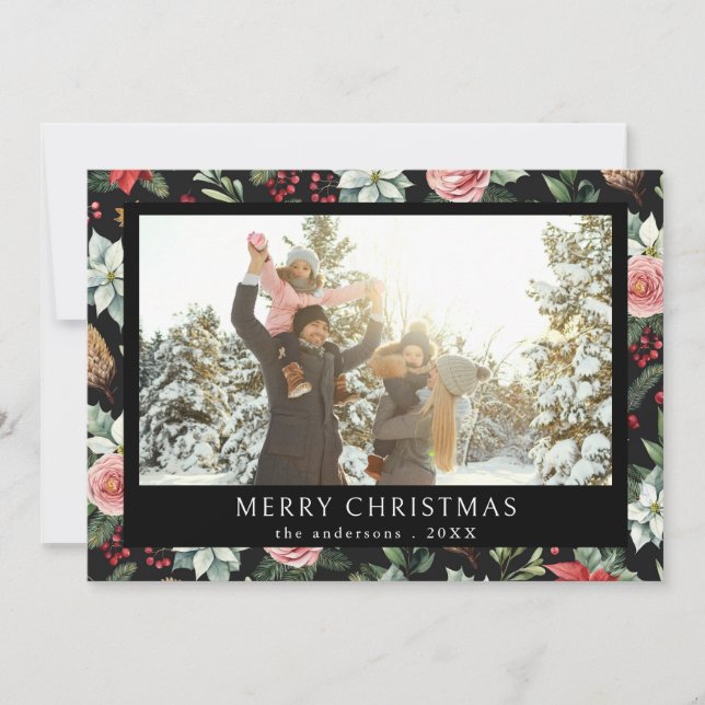 Cartão De Festividades Feliz Natal Elegante - Foto Floral Escura (Frente)