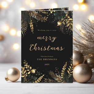 Cartão De Festividades Feliz Natal Elegante Preto Botânico Dourado
