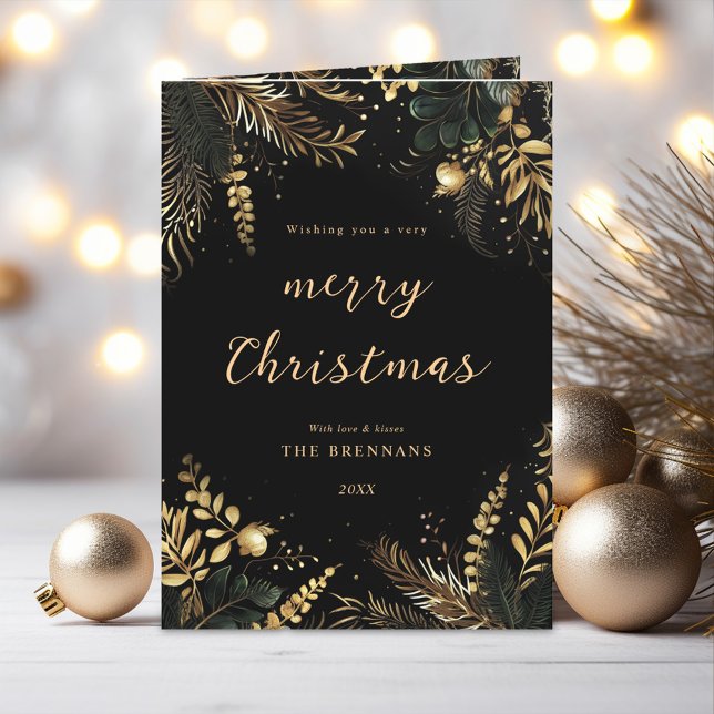 Cartão De Festividades Feliz Natal Elegante Preto Botânico Dourado (Merry Christmas Elegant Botanical Black Gold Holiday Card)
