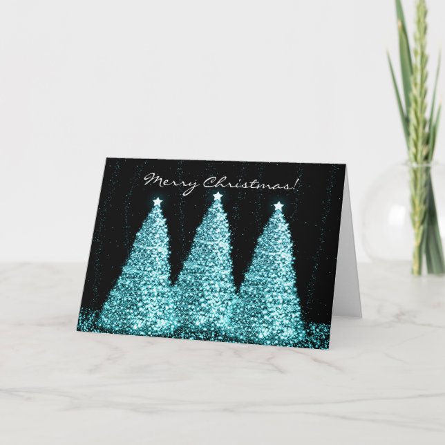 Cartão De Festividades Feliz Natal Elegante Turquesa Sparkle Trees (Frente)