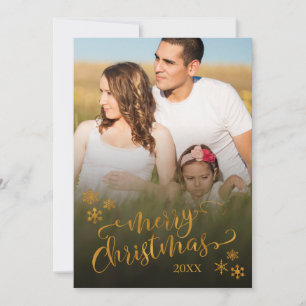 Cartão De Festividades Feliz Natal em Dourado com Foto e Flocos de Neve