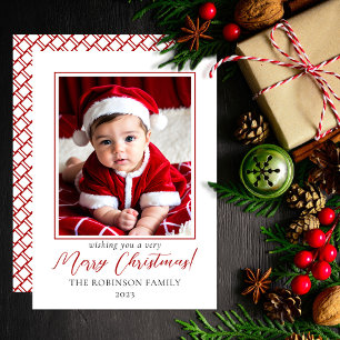 Cartão De Festividades Feliz Natal em Foto Minimalista Vermelho e Branco