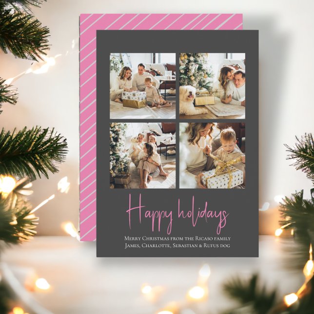 Cartão De Festividades Feliz Natal em Foto template Cinza Rosa (Photo Happy Holidays Christmas template in trendy Grey Pink flat card from Ricaso)