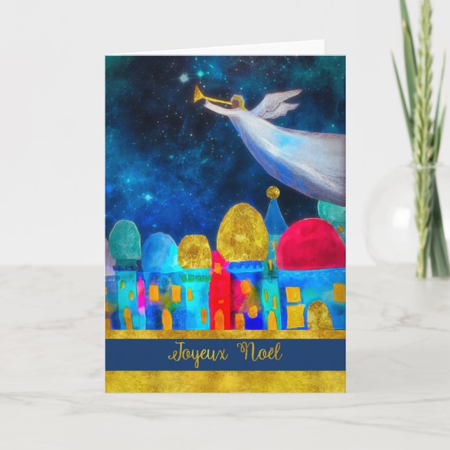 Cartão De Festividades Feliz Natal em francês, Joyeux Noël, anjo (Frente)