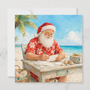 Cartão De Festividades Feliz Natal em julho na praia com Papai Noel