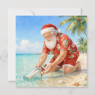 Cartão De Festividades Feliz Natal em julho na praia com Papai Noel