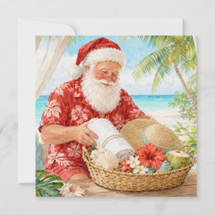 Cartão De Festividades Feliz Natal em julho na praia com Papai Noel