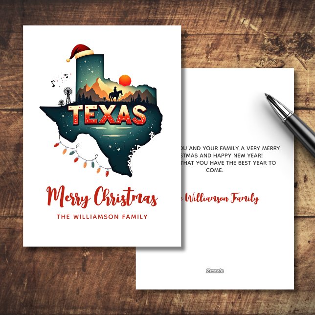 Cartão De Festividades Feliz Natal Estado do Texas Retro Personalizado (Personalize with your message and Family Name, coordinating items available)