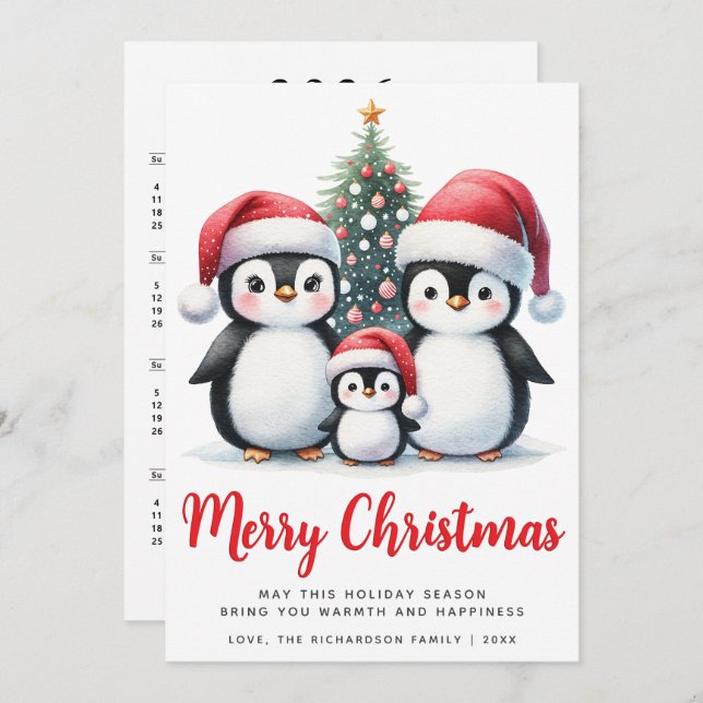 Cartão De Festividades Feliz Natal Família de Pinguins Fofos Vermelho e B (Frente/Verso)