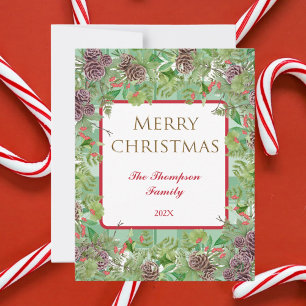 Cartão De Festividades Feliz Natal Família Deseja Pine Bough Red Bloom