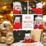 Cartão De Festividades Feliz Natal Família Foto Collage Moderno<br><div class="desc">Este cartão feliz e moderno de Natal apresenta um layout clássico de 5 fotos da família em um fundo branco com tipografia vermelha. Este belo cartão fotográfico para crianças apresenta a colagem de fotografias do seu próprio filho em volta da sua mensagem e do seu nome de família em verde....</div>