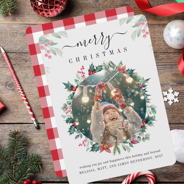 Cartão De Festividades Feliz Natal Família Foto MistletoBerries (Merry Christmas Family Photo Mistletoe Berries Holiday Card)