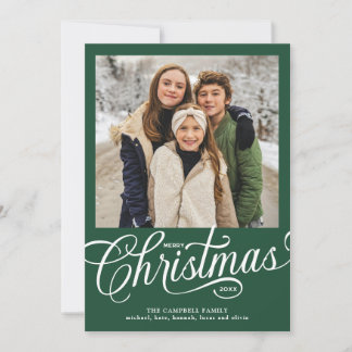 Cartão De Festividades Feliz Natal Família Foto Script Verde