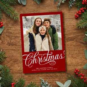 Cartão De Festividades Feliz Natal Família Foto Script Vermelho