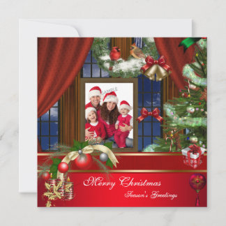 Cartão De Festividades Feliz Natal Família Foto Vermelho Verde Janela