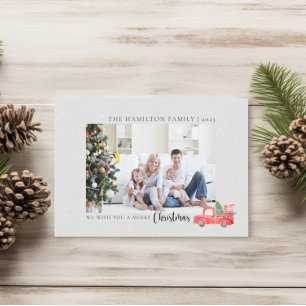 Cartão De Festividades Feliz Natal Família Foto Watercolor Red Truck