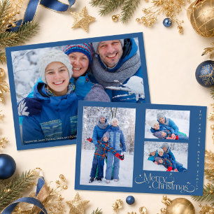 Cartão De Festividades Feliz Natal Família Quatro Fotos Azul Mínimo
