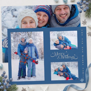 Cartão De Festividades Feliz Natal Família Quatro Fotos Azul Mínimo