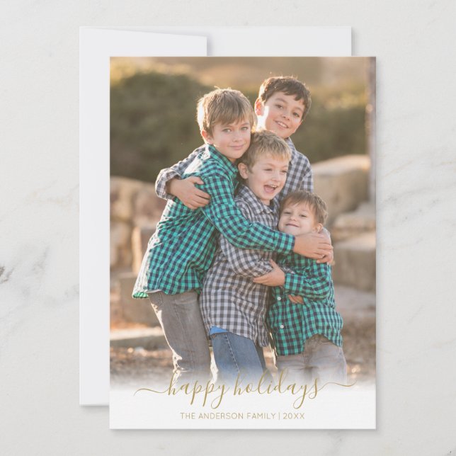 Cartão De Festividades Feliz Natal Faux Dourado Script Foto de Natal (Frente)