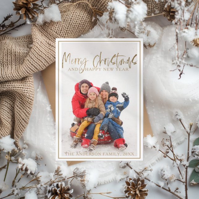 Cartão De Festividades Feliz Natal Faux Foto Dourada de Caligrafia (Criador carregado)