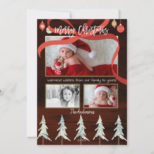 Cartão De Festividades Feliz Natal Feriado em Madeira e Pinheiros 4 (Frente)