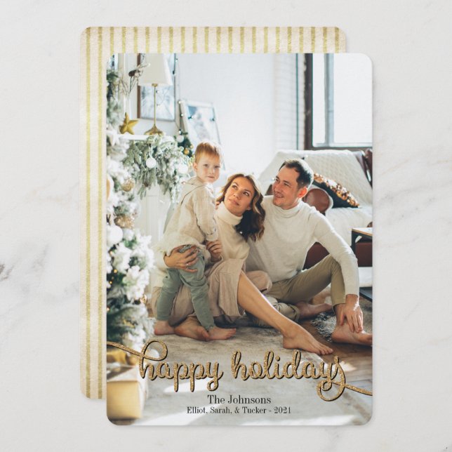 Cartão De Festividades Feliz Natal Feriados Dourado Foto da Glitter (Frente/Verso)