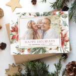 Cartão De Festividades Feliz Natal Férias Natal Feriado Foto Feriado Ca<br><div class="desc">Rustic Winter Merry Christmas Family ou Cartão com fotos de negócios com Flores Brancas Florais de Férias Férias,  Greenery e Flores de Poinsettia Vermelha com um simples Fundo.</div>
