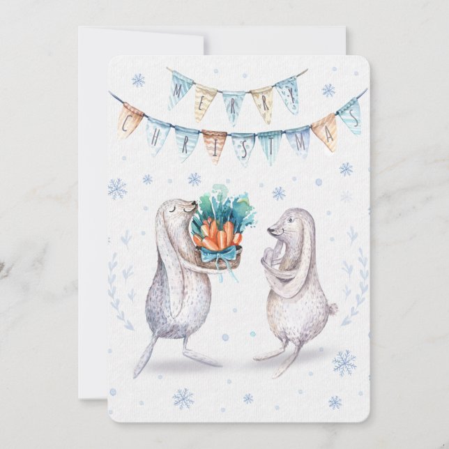 Cartão De Festividades Feliz Natal Festivo Bunnies de inverno (Frente)