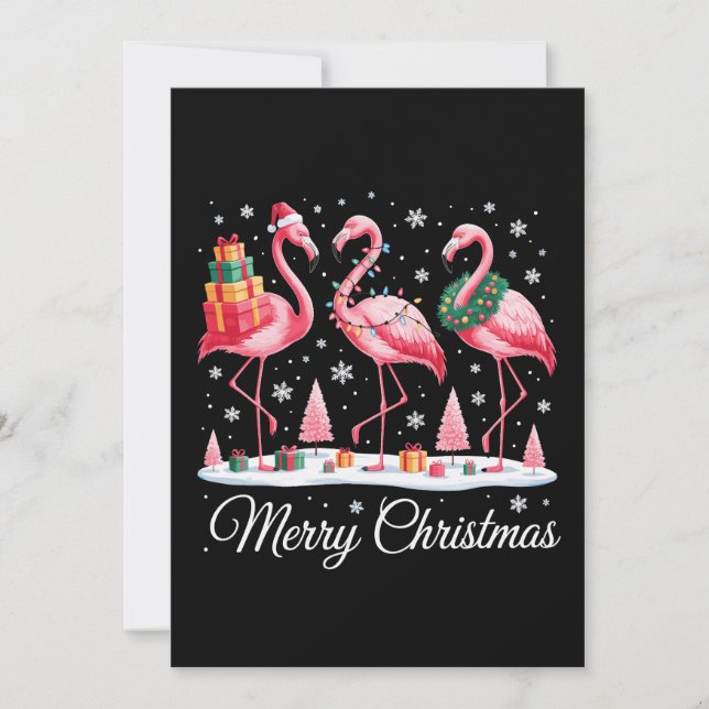 Cartão De Festividades Feliz Natal Flamingo Luz Chapéu do Papai Noel Nata (Frente)