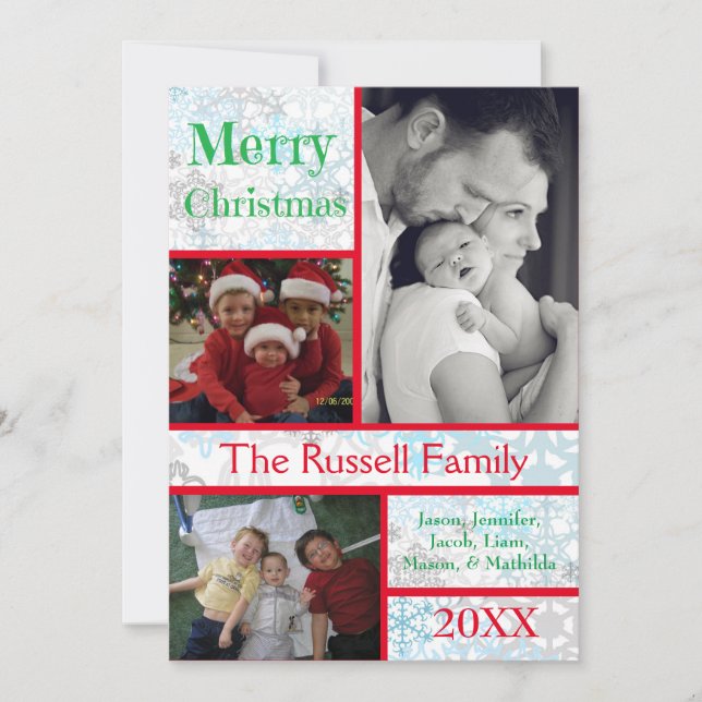 Cartão De Festividades Feliz Natal Flocos de Neve Colagem 3 Fotos (Frente)