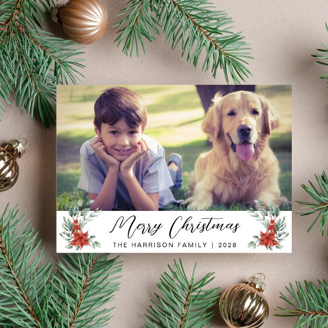 Cartão De Festividades Feliz Natal Floral de inverno Foto (Share the love and warmth of the holiday season with a personalized photo Christmas card)