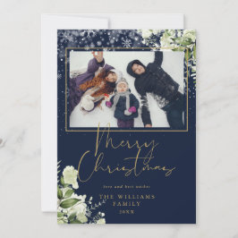 Cartão De Festividades Feliz Natal Floral de Neve Dourado e Azul Foto